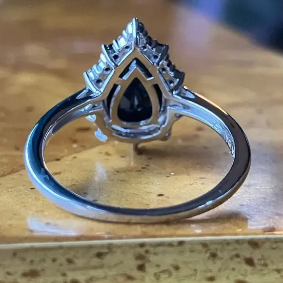 Natural Black Spinel Sterling Silver Teardrop Ring Size 9 - Picture 5 of 10